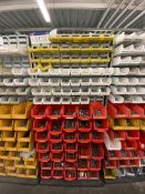 Steel Louvred Wall Rack, with plastic stacking bins and fastening and fittings contentsPlease read