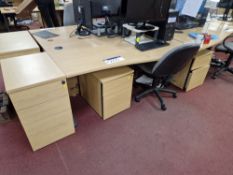 Light Oak Veneered Curved Cantilever Desk, Light Oak Veneered 2 Drawer Pedestal and Fabric Backed