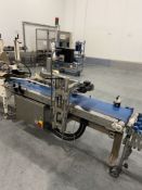 Zebra ZE500 Single Head Labeller, serial no. PA3274, with fitted stainless steel framed conveyor,