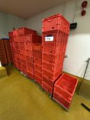 Quantity of Plastic Stacking Crates, with 13 assorted dollies, as set out in one areaPlease read the