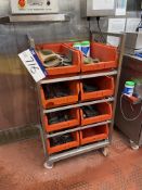 Stainless Steel Plastic Stacking Bin Trolley, approx. 680mm x 550mm, with six plastic stacking