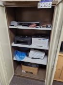 Bisley 2 Door Metal Cabinet and Contents, including Printers, Keyboards, Monitor, etc