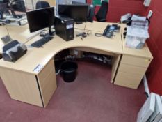 Light Oak Veneered L Shaped Pedestal Desk and Light Oak Veneered 3 Drawer Pedestal