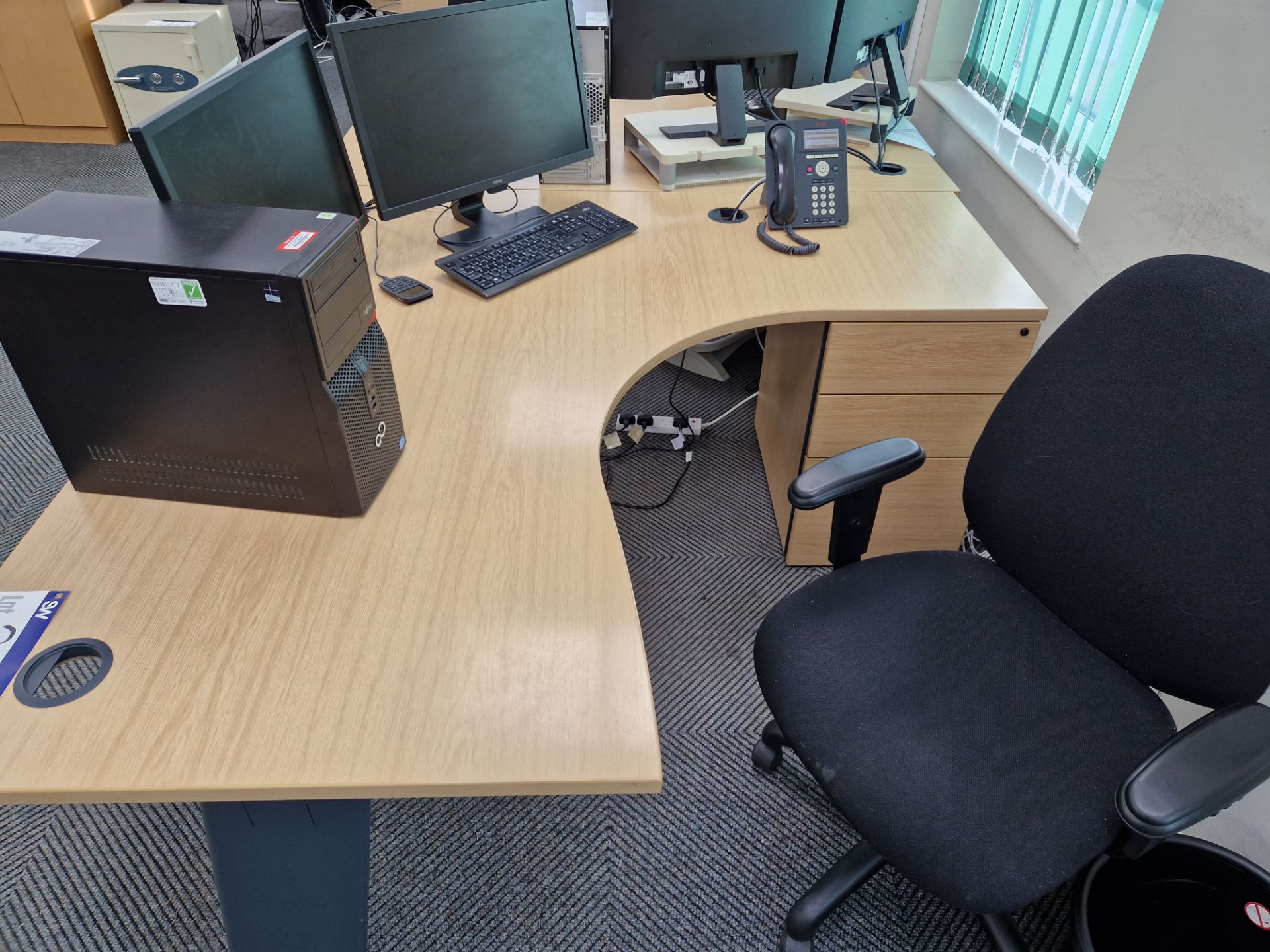 Two Light Oak Veneered L Shaped 3 Drawer Pedestal Desks and Two Fabric Backed Swivel Armchairs - Image 2 of 3