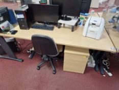 Light Oak Veneered Cantilever Desk, Light Oak Veneered 3 Drawer Pedestal and Fabric Backed Swivel