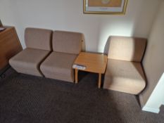 Light Oak Veneered Square Coffee Table and Three Fabric Backed Chairs