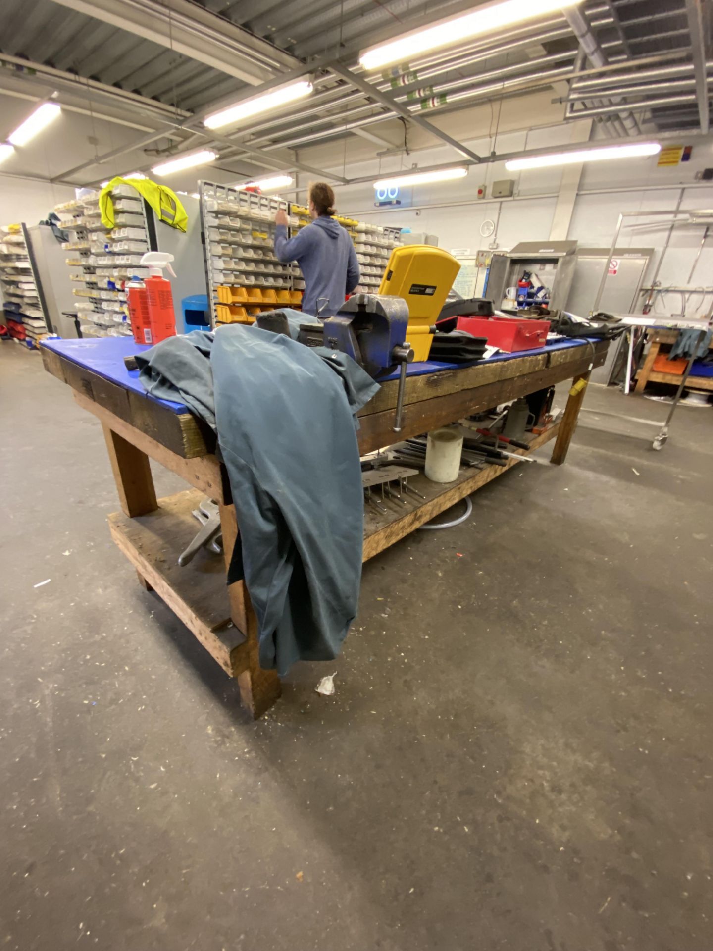 Timber Framed Workshop Bench, approx. 3m x 900mm, with Record no. 3 4in. bench vice and contents - Image 2 of 5