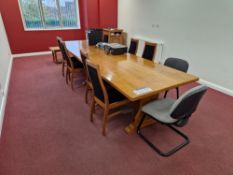 Oak Boardroom Furniture, including Seven Wooden Framed Fabric Backed Chairs, Two Oak Tables, Two Oak