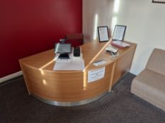 Light Oak Veneered 2 Section Curved Reception Desk and Fabric Backed Chair