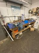 Timber Framed Workshop Bench, approx. 3m x 900mm, with 6in. bench vice and contents under