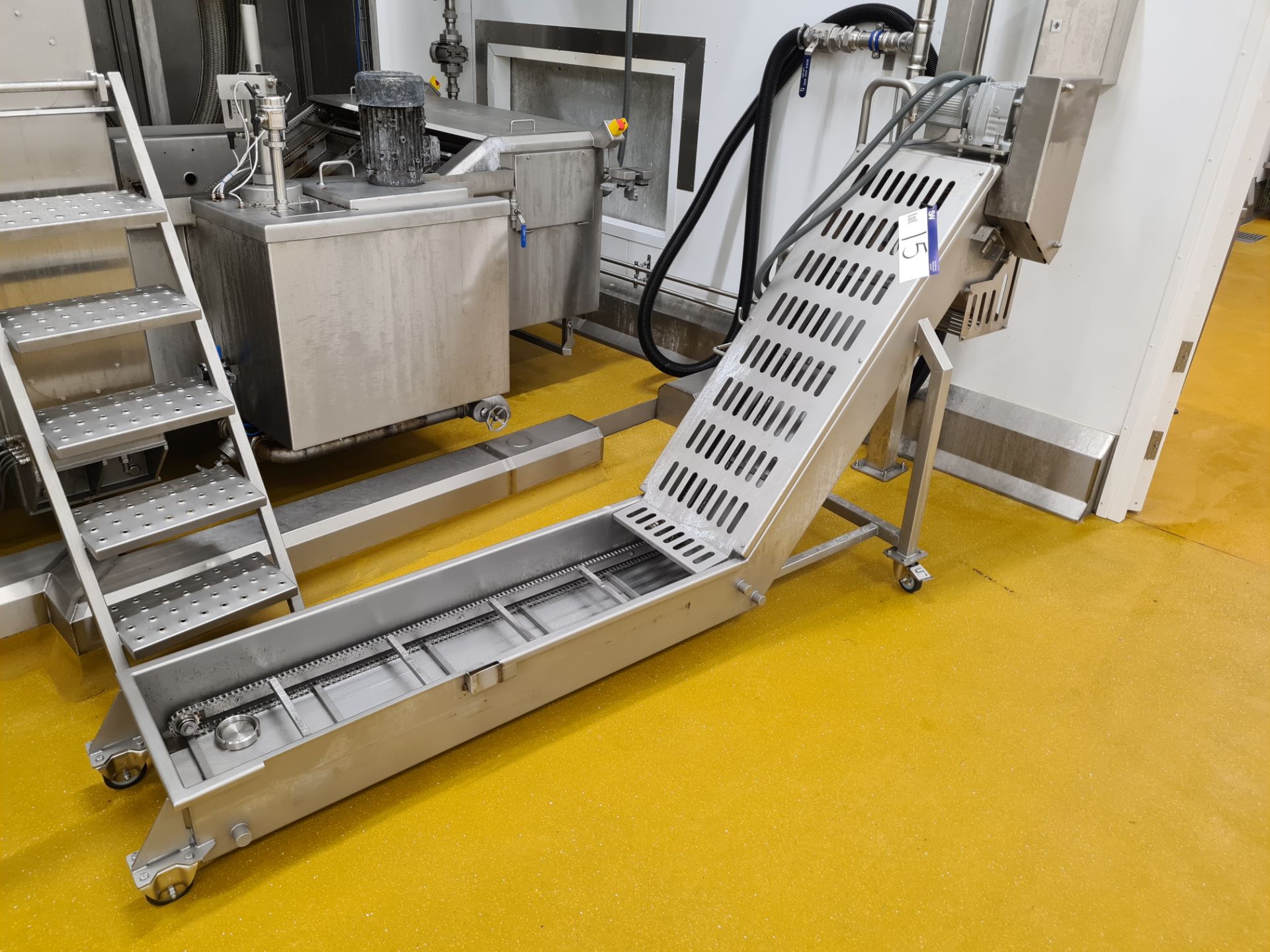 Part Inclined Stainless Steel Conveyor, approx. 320mm wide on bars, 1.3m long on flat, 1.2m long