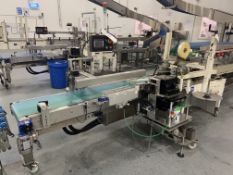 Zebra ZE500 Single Head Labeller, serial no. PA3226, with fitted stainless steel framed conveyor,