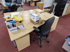 Light Oak Veneered Curved Cantilever Desk, Light Oak Veneered 3 Drawer Pedestal and Fabric Backed