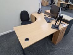Light Oak Veneered L Shaped 3 Drawer Pedestal Desk and Fabric Backed Swivel Chair