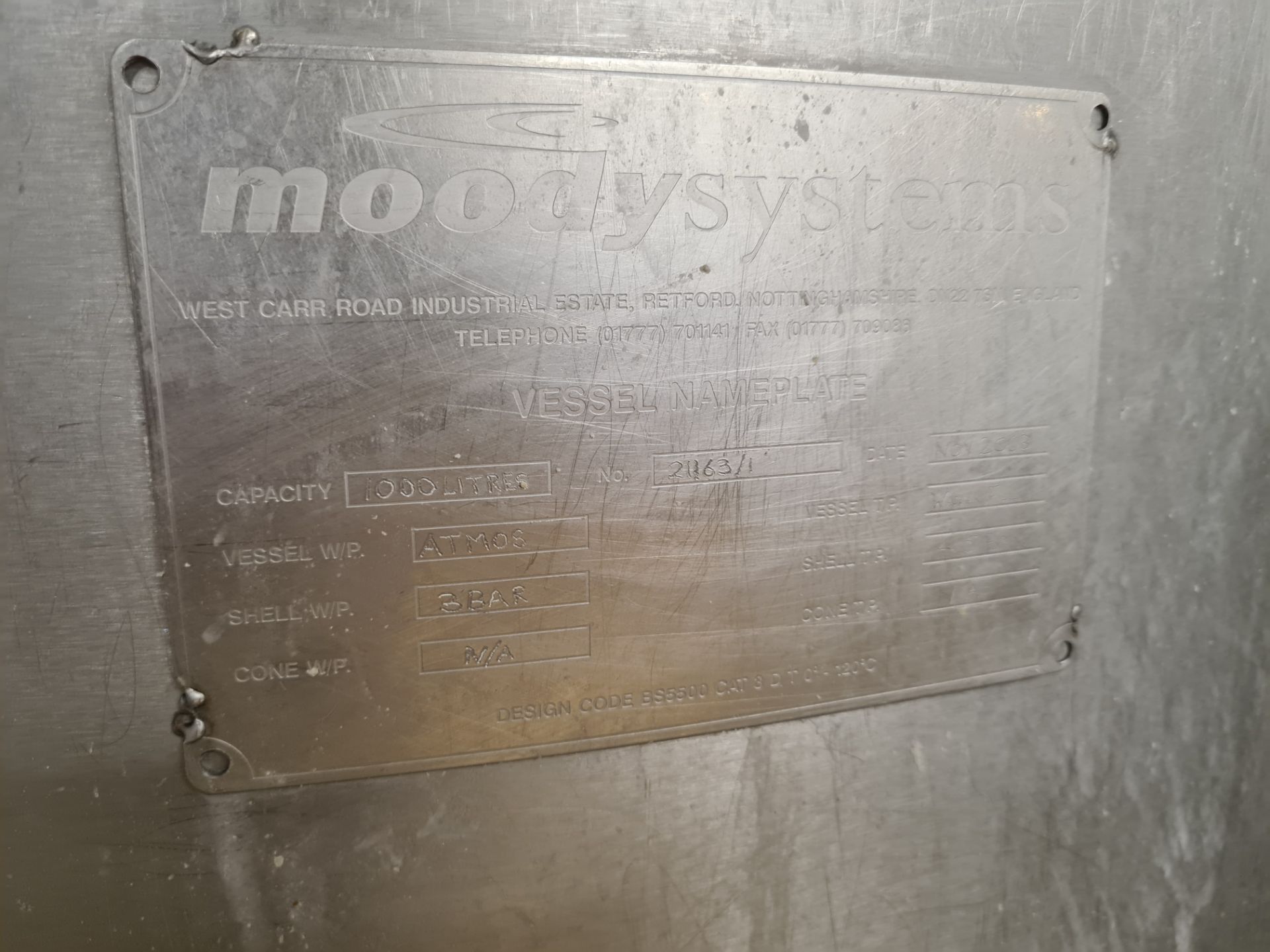 Moody Systems 1000 litres STAINLESS STEEL JACKETED HOT WATER TANK, serial no. 21163/1, year of - Image 4 of 4