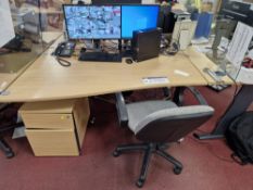 Light Oak Veneered Curved Cantilever Desk, Fabric Bacled Swivel Chair and Desk Mounted Glass