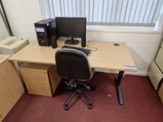 Light Oak Veneered Cantilever Desk, Light Oak Veneered 3 Drawer Pedestal and Fabric Backed Swivel