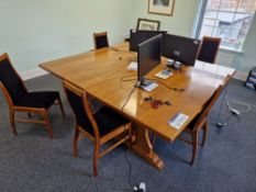 Two Traditional Oak Meeting Tables and Ten Traditional Oak Framed Fabric Seat Meeting Chairs