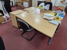 Light Oak Veneered Curved Cantilever Desk, Light Oak Veneered 3 Drawer Pedestal and Fabric Backed