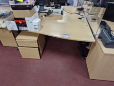 Two Light Oak Veneered Curved Cantilever Desk and Two Light Oak Veneered 2 Drawer Pedestal and