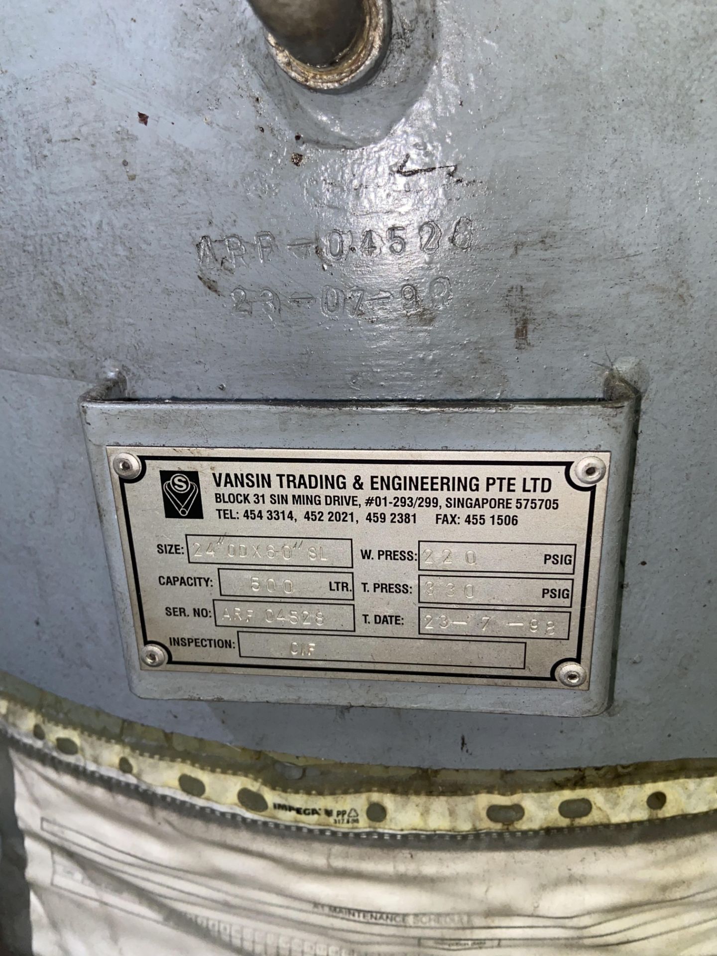 Vansin 24in. x 60in. Vertical Welded Steel Air Receiver, 500 litre cap., serial no. ARF04528, year - Image 2 of 2