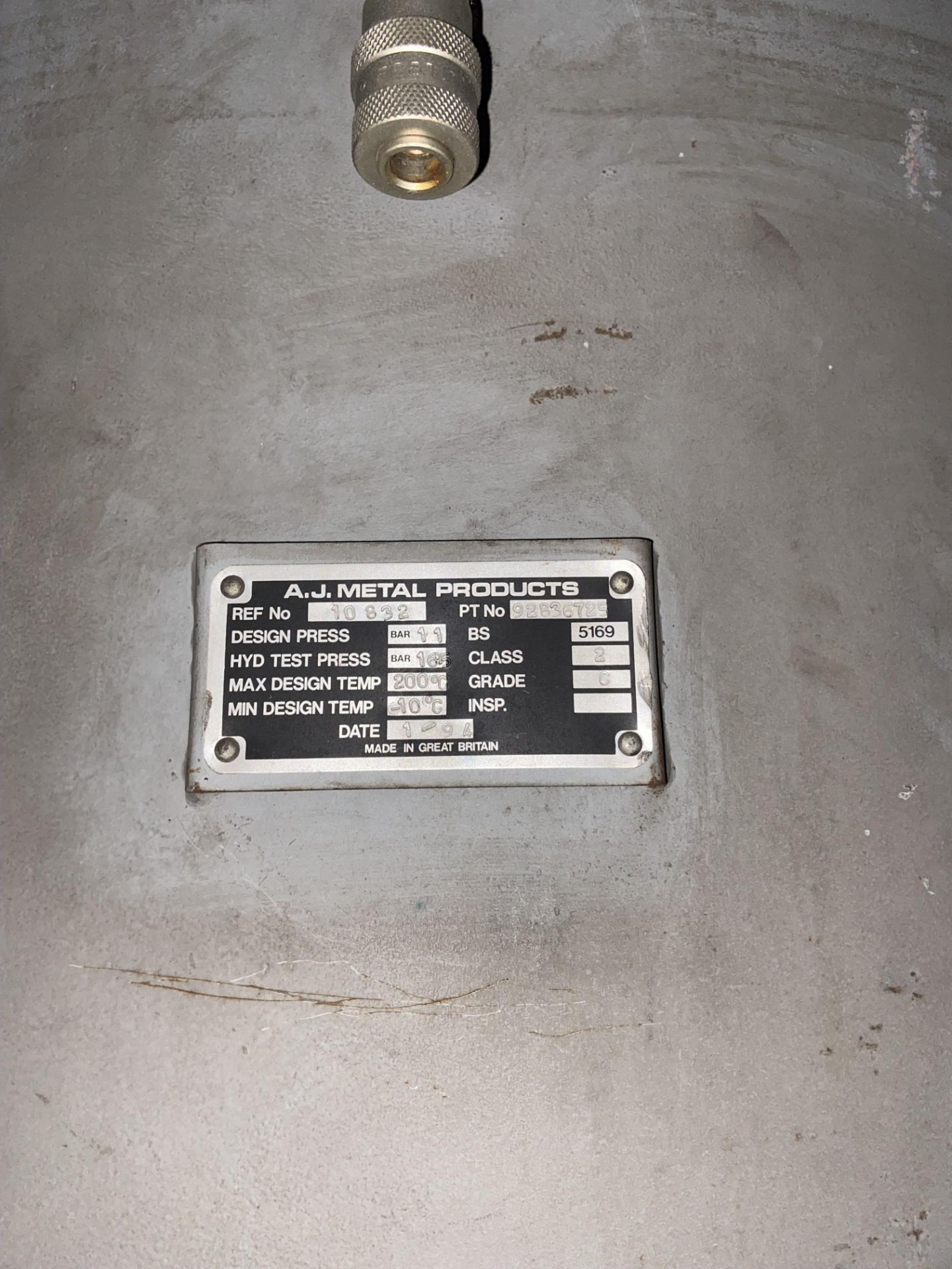 AJ Metal Vertical Welded Steel Air Receiver, serial no. 10832, year of manufacture 1994, approx. - Image 3 of 3