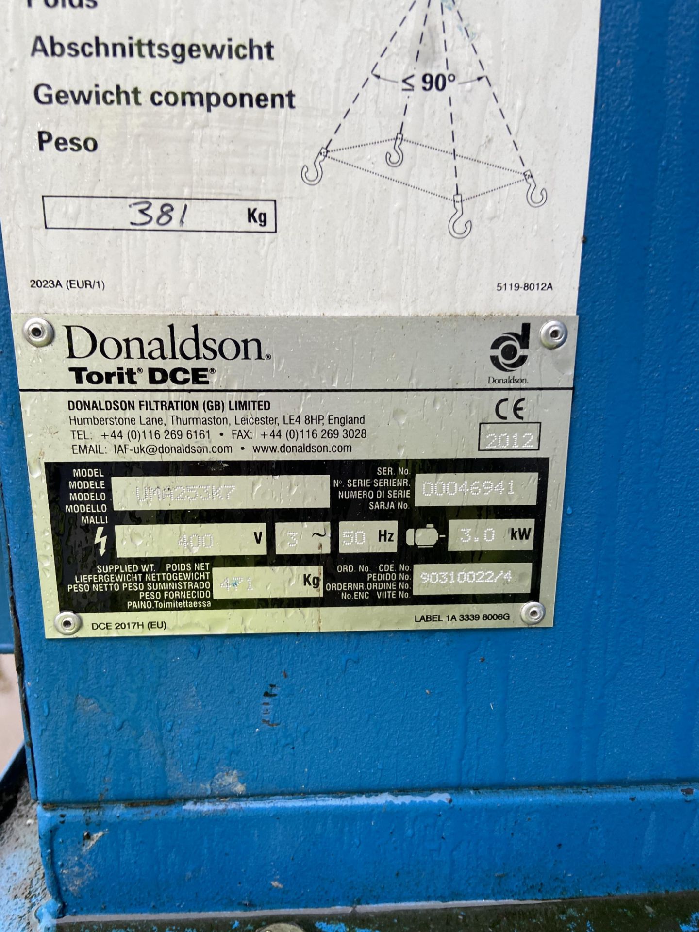 (AG-ENG) Donaldson Torit DCE UMA 253K7 DUST COLLECTION UNIT, serial no. 00056941, year of - Image 2 of 2