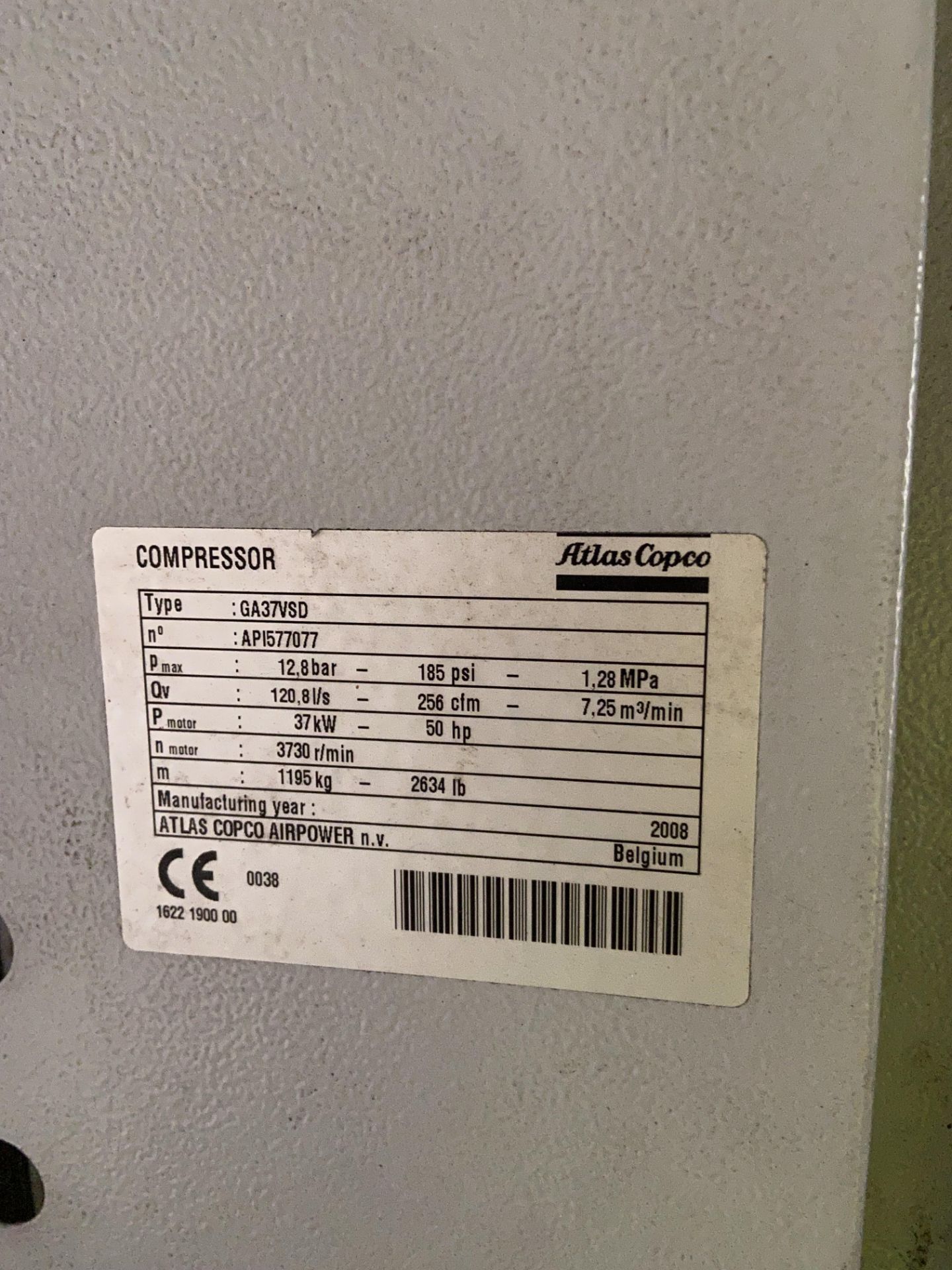 (AG-ENG) Atlas Copco GA37VSDFF PACKAGED AIR COMPRESSOR, serial no. AP1577077, year of manufacture - Image 6 of 6