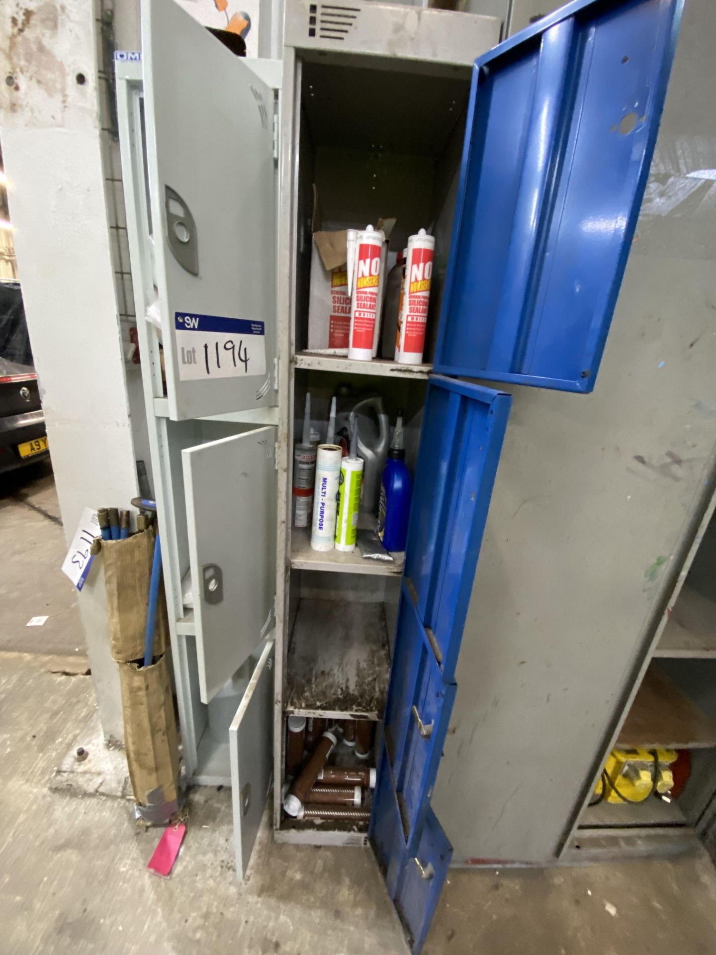 (SRL) Two Multi-Door Personnel Lockers, with residual contents, including silicone sealants and - Image 2 of 3