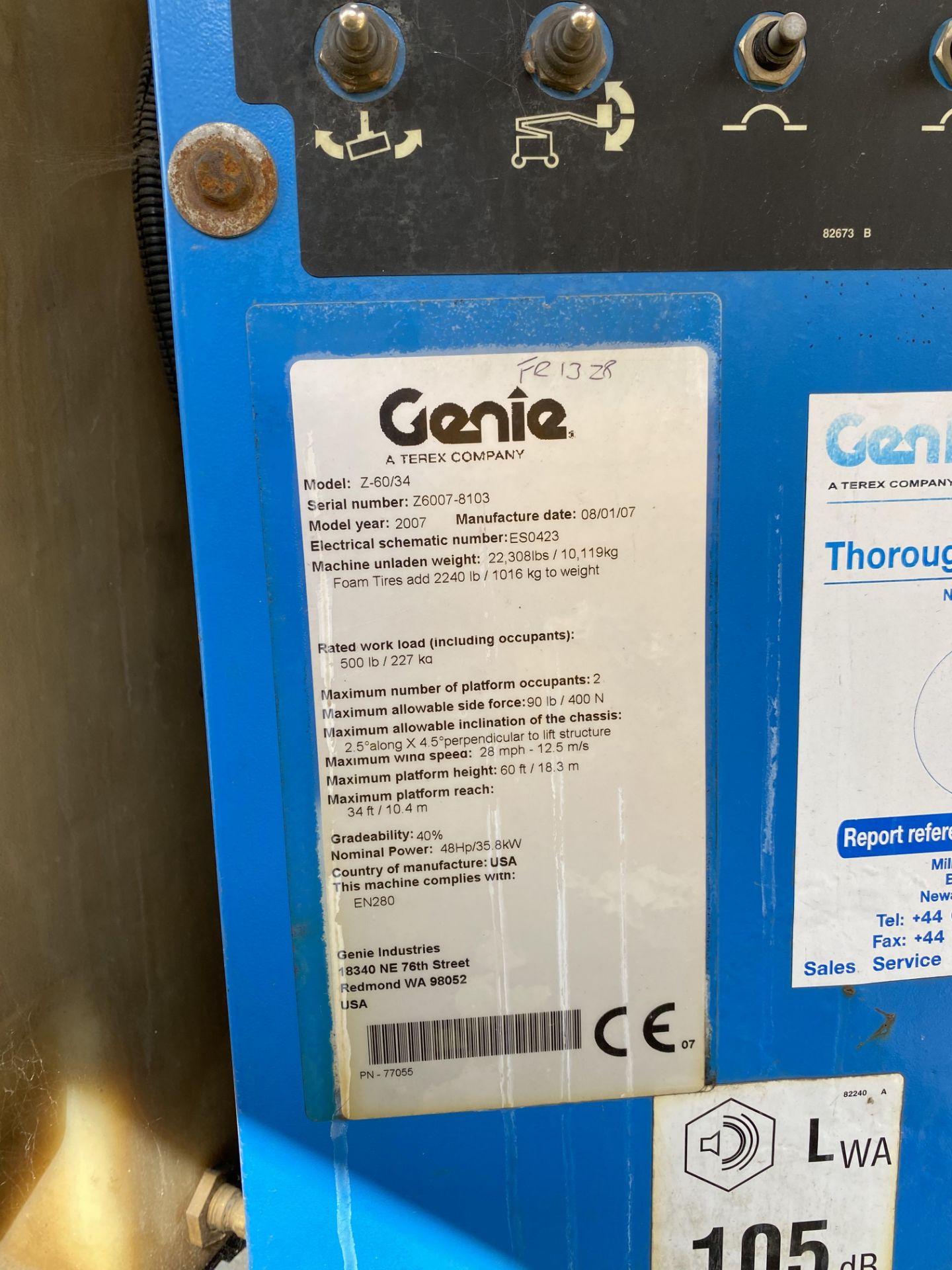 Genie Z60/34 V3 300kg SWL WHEELED RAIL MEWP ACCESS RAILER, serial no. Z6007-8103, (type 9B), ECC - Image 18 of 20