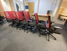 Six Red Mesh/ Black Fabric Upholstered Swivel ArmchairsPlease read the following important