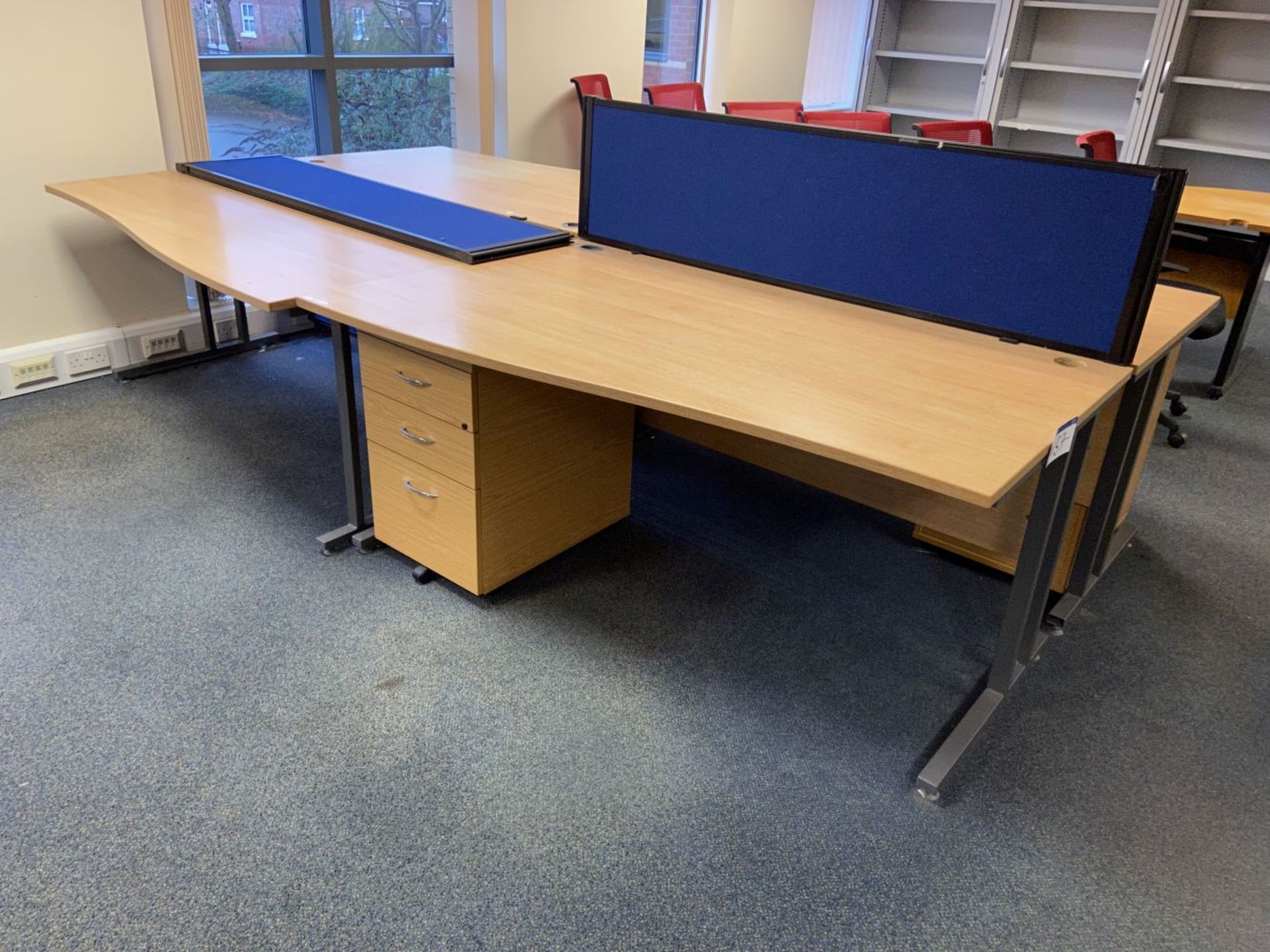 Four Desks, with two acoustic screens and three filing pedestalsPlease read the following