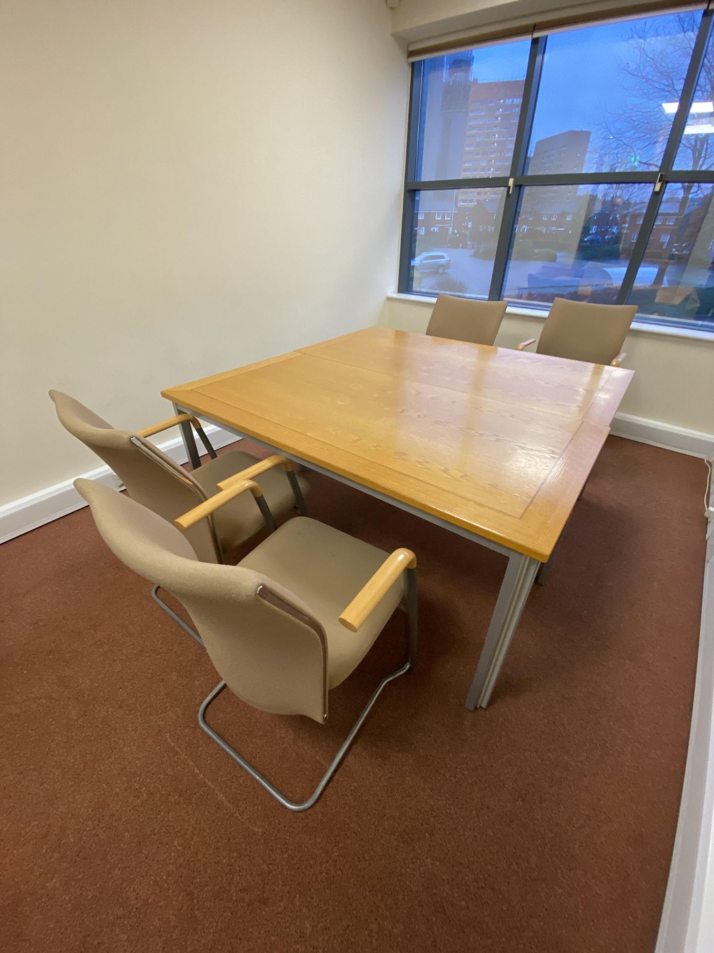 Two Steel Framed Tables, each 1.5m x 750mm, with double sliding door sideboard 1m wide and four