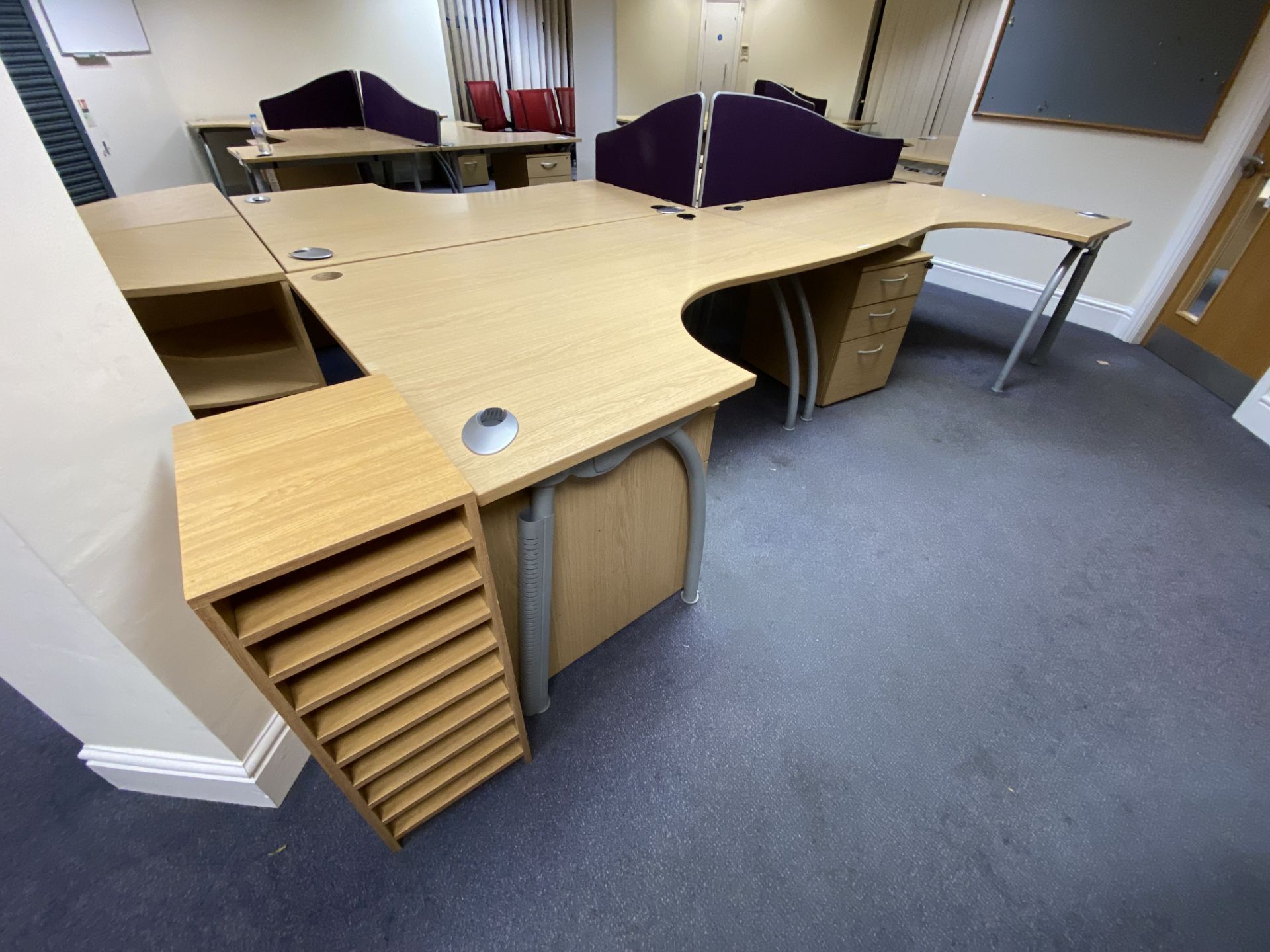 Four Desks, with two semi-rotary end bookcases, four multi-drawer pedestals and pigeon hole - Image 2 of 3