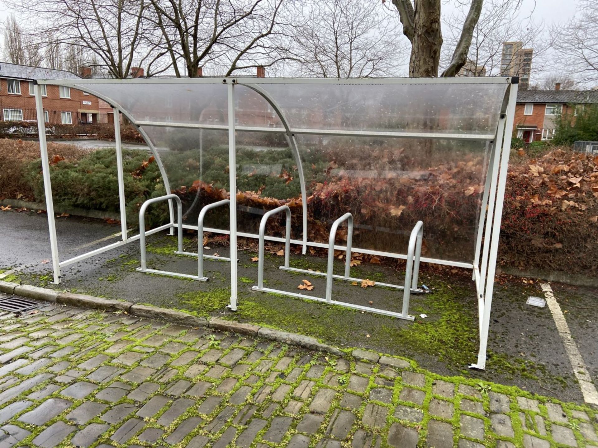 Steel Framed Bicycle Shelter, four approx. 4050mm wide x approx. 2m x 2m high, with bike