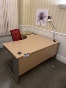 Desk, with multi-drawer pedestal, swivel armchair and angle poised lampPlease read the following