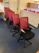 Five Red Mesh/ Black Fabric Upholstered Swivel ArmchairsPlease read the following important