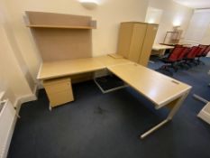 Two Desks, with corner unit, multi-drawer pedestal and acoustic panelPlease read the following