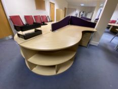 Four Desks, with two semi-rotary end bookcases, two multi-drawer pedestals and three acoustic screen