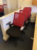 Four Red Mesh/ Black Fabric Upholstered Swivel ArmchairsPlease read the following important