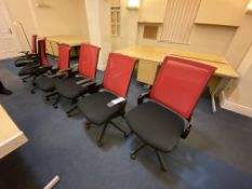 Five Red Mesh/ Black Fabric Upholstered Swivel Armchairs, with swivel armchair (no arms)Please