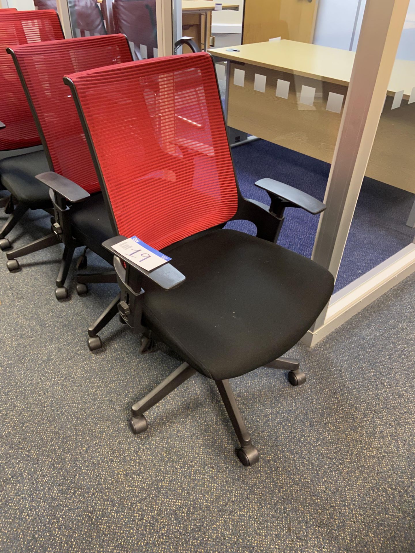 Six Red Mesh/ Black Fabric Upholstered Swivel ArmchairsPlease read the following important - Image 2 of 2