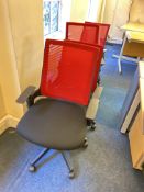 Four Red Mesh/ Black Fabric Upholstered Swivel ArmchairsPlease read the following important