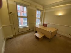 L-Shaped Desk, with multi-drawer pedestal, swivel armchair, occasional table and two