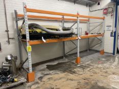 Two Tier Two Bay Pallet Rack, approx. 4.7m x 1.1m x 2.4m high, with timber shelving panels (contents