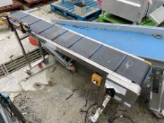 Belt Conveyor, approx. 195mm wide on belt x 1.4m centres long, with electric motor drive, speed