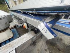 Flat Belt Conveyor, approx. 590mm wide on belt x approx. 5.8m long, with alloy frame. Lot located
