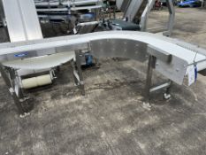 L Shaped 90 Degree Conveyor, belt approx. 300mm wide, overall 1.9m x 1.1m x 2.8m high, lift out