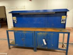 Workshop Bench, with lockable cupboards and electrics, approx. 2.5m x 0.6m x 1.8m high, lift out