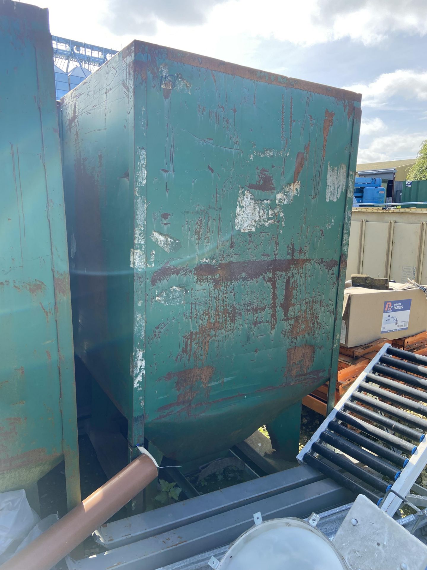 Ten Hopper Bottomed Steel Tote Bins, mainly approx. 1.2m x 1.2m x 2m deep; lot located Driby Top,